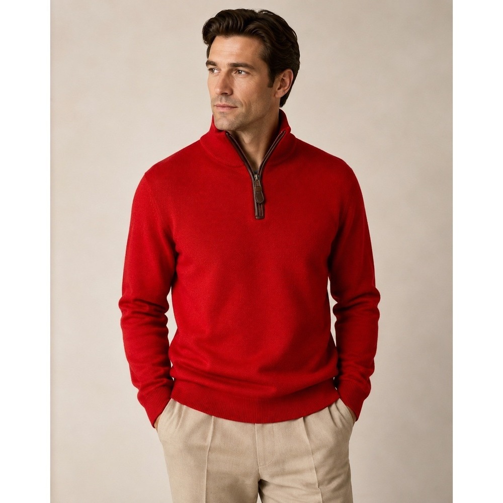 Viyella Men's 100% Merino Wool Quarter Zip Sweater Red Leather Trim M Unisex